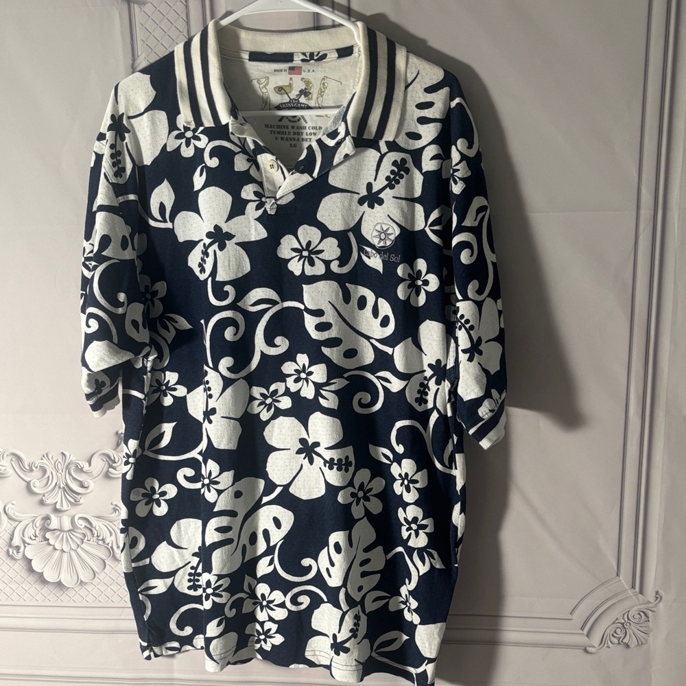 The Skins Game Men’s Floral Hawaiian Polo Shirt in Navy and White Size Large